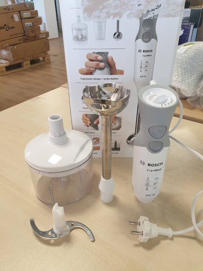 288350 - BOSCH Blender dore ErgoMixx MSM66120, 600 W, këmbë për përzierje prej çeliku inox, gotë përzierjeje dhe matëse, thikë me 4 tehe, 12 shpejtësi plus turbo, e bardhë/gri