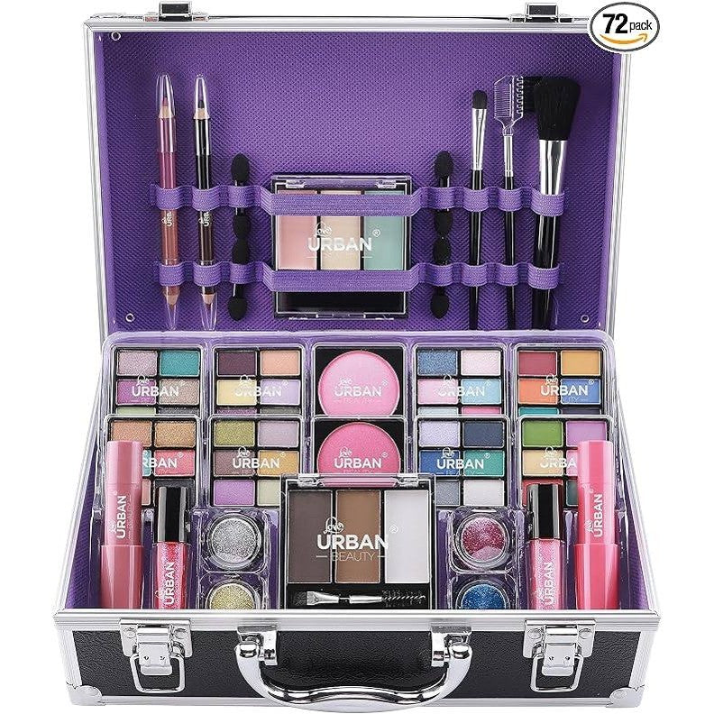 295561 - Love Urban Beauty Bliss – Kuti grimi me produkte vegane, set komplet me hije sysh, blush, buzëkuq, dyll dhe pudër për vetulla, furça dhe organizues me kornizë alumini, ngjyrë e zezë, 1 copë.