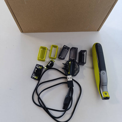 307232 - PHILIPS OneBlade 360 Face & Body, makinë rroje elektrike, 3 tehe 360, 4 aksesorë prerëse (1/2/3/5 mm), 2 aksesorë trupi, rroje e lagësht dhe e thatë (QP2834/31)