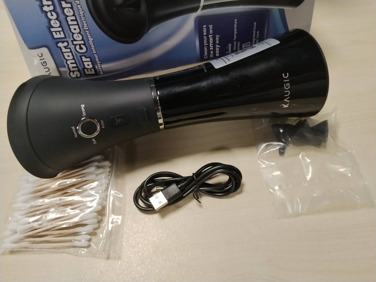 305956 - KAUGIC Ujitës elektrik për veshët me rezervuar të dyfishtë – Sensor inteligjent i temperaturës, IPX7 i papërshkueshëm nga uji, 4 mënyra presioni uji, përfshin shtupë pambuku – Për të rritur – E zezë/Blu