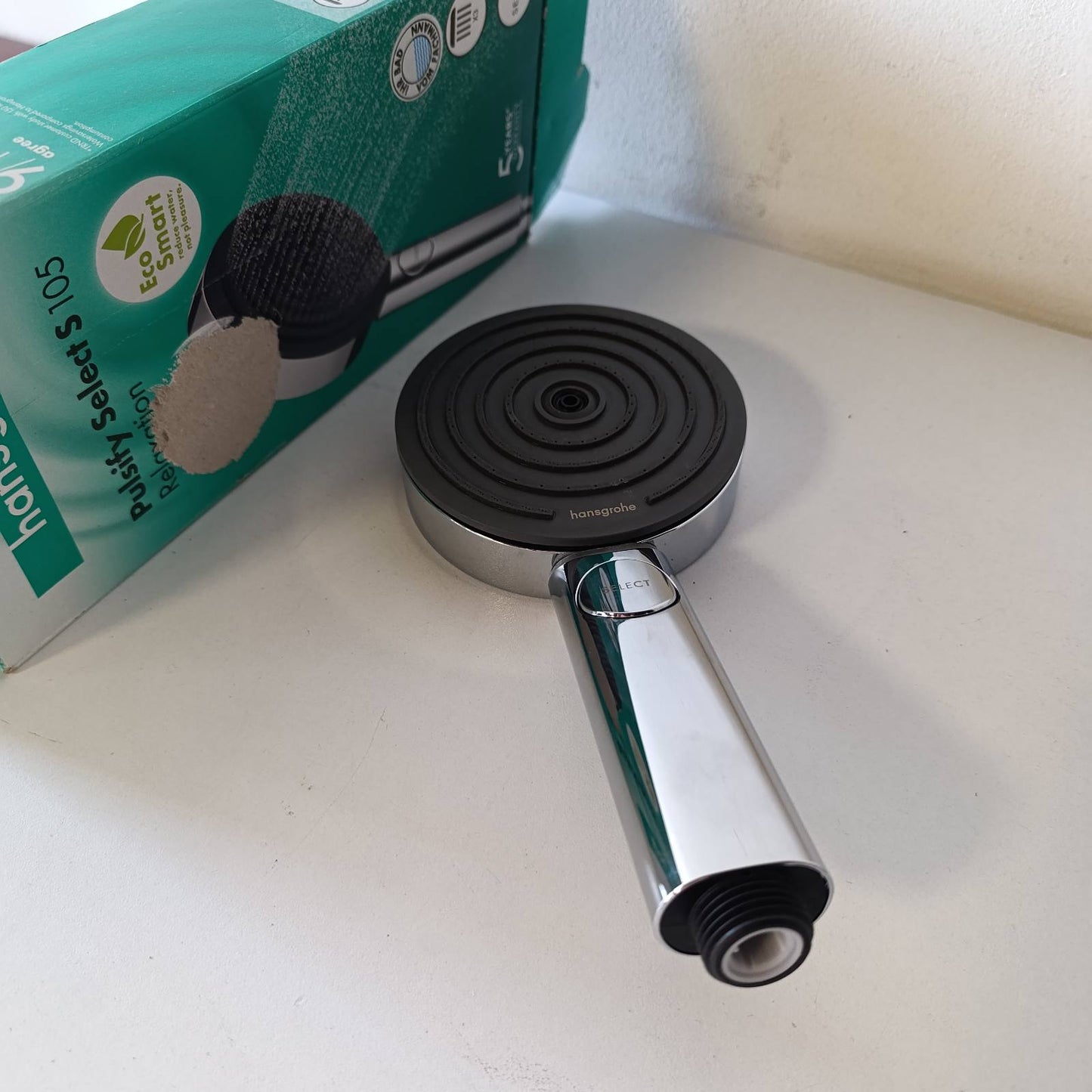 288712 - hansgrohe Pulsify Select S, Kokë dushi që kursen ujë 6.9 l/min (EcoSmart), Dush dore me 3 modele spërkatjeje, Kokë dushi 105 mm, Krom, 24111000