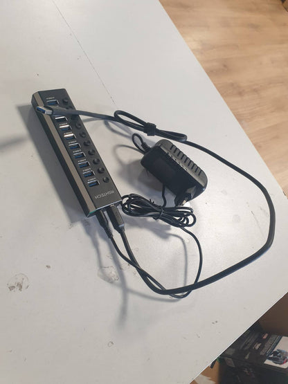 276285 - RSHTECH Hub Aktiv USB 3.0 me Furnizim me Energji 36W (12V/3A) - 10 Porta - Ndarës Shumë-Portash USB 3.0 me Çelës Ndezje/Fikje dhe LED