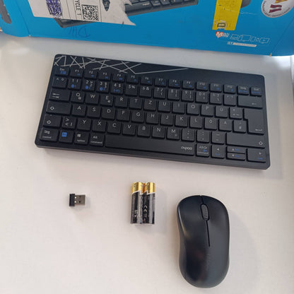 310044 - RAPOO Set tastiere dhe mausi pa tel 8000M - Bluetooth & 2.4G USB pa tel, për shumë pajisje (deri në 3 pajisje), maus ambidextrous 1300 DPI, format kompakt TKL, rezistent ndaj spërkatjeve, paraqitje gjermane QWERTZ, e zezë