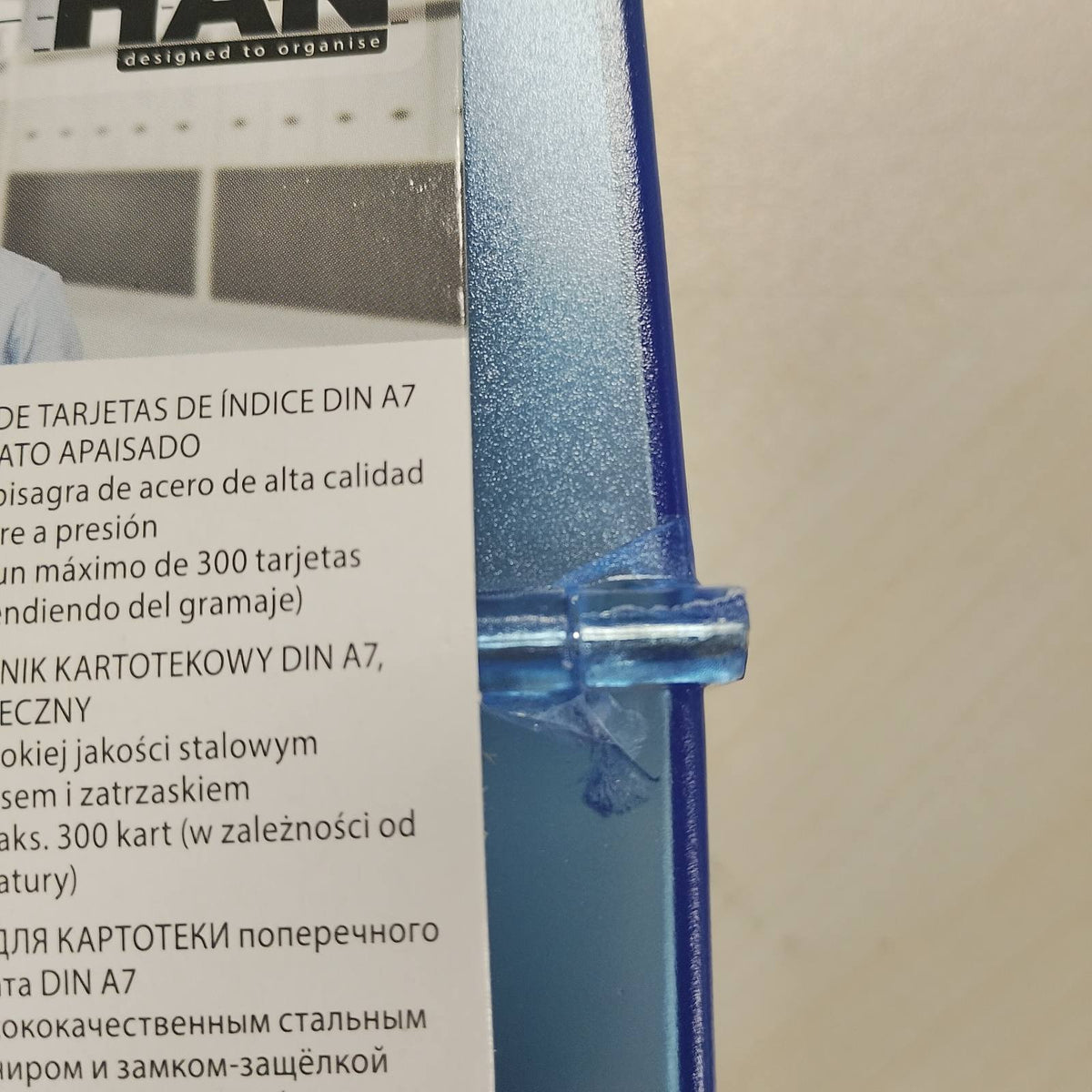 310363 - HAN Kutia e Kartelave Indeksi DIN A7 peizazh, dizajn inovativ për 300 karta indeksi me menteshë çeliku dhe mbyllje me kopëz, ngjyrë blu e tejdukshme, 977-64, 3 copë