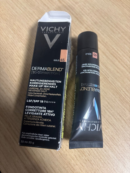 289828 - VICHY Dermablend 3D Korrigjim, Fondatinë për lëkurë me njolla dhe të prirur ndaj akneve, Nuanca: 45 e artë, 30 ml