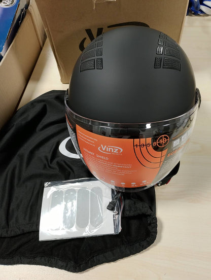 312879 - VINZ Helmetë Como Jet me Vizor, e Certifikuar ECE 22.06 | Helmetë Skuteri për Burra dhe Gra | Madhësia XS-XL | E Zezë Mat