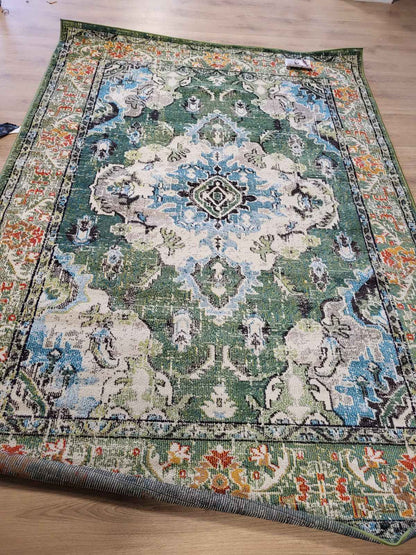167010 - SAFAVIEH - Qilim Boho Koleksioni Monaco për Dhomë Ndenjeje, Dhomë Ngrenieje, Dhomë Gjumi, Material me Pulla të Shkurtra, Ngjyra Jeshile Pylli dhe Blu e Çelët, Madhësia 201 x 279 cm