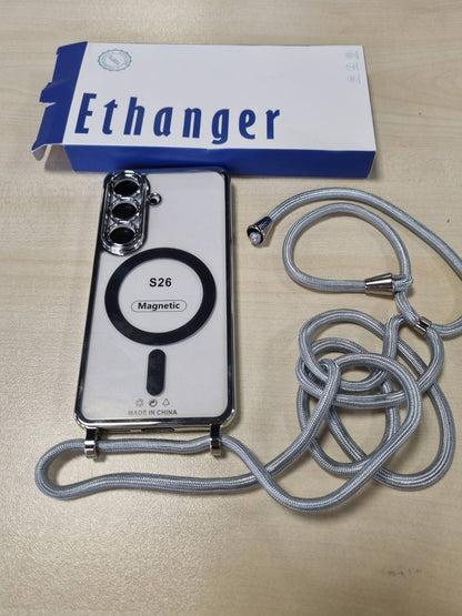 320319 - ETHANGER Mbrojtëse Telefoni me Rrip për Samsung Galaxy S26, Mbrojtëse Ekrani prej Xhami, Mbrojtëse Telefoni prej Silikoni Transparente me Mbrojtëse Magnetike, Argjend