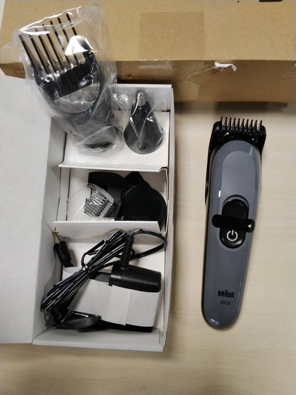 315882 - BRAUN Set 3 prerësesh All-in-One, 11-në-1, Prerës mjekre, Prerës qimesh hunde, Prerëse flokësh, Bateri 50 minuta, 14 gjatësi (3–21 mm), AIO3565, Gri