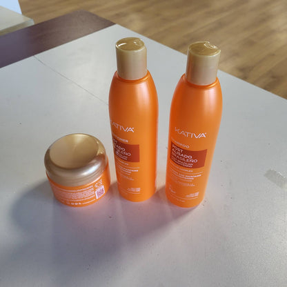 317457 - KATIVA Set trajtimi brazilian me 3 pjesë për zbutje, shampo + balsam + maskë, keratinë me bazë bimore dhe acid hialuronik, hidratim, riparim, anti-kaçurrela, deri në 18 javë