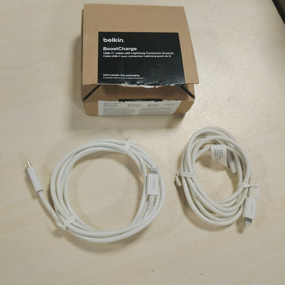 310009 - BELKIN Kabllo USB-C të thurura me 2 copë me lidhës Lightning (1.5 m, me prekje të butë, fleksibël, me karikim të shpejtë, për iPhone 14 dhe modele më të hershme, iPad të gjeneratës së 9-të, AirPods, të bardha)