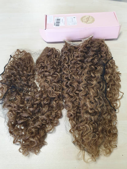 321124 - FLUFYMOOZ Zgjatje flokësh me kapëse, 4 pjesë, mëndafsh 100% proteinë e pastër, 50 cm, kaçurrela (Bjonde e Errët)