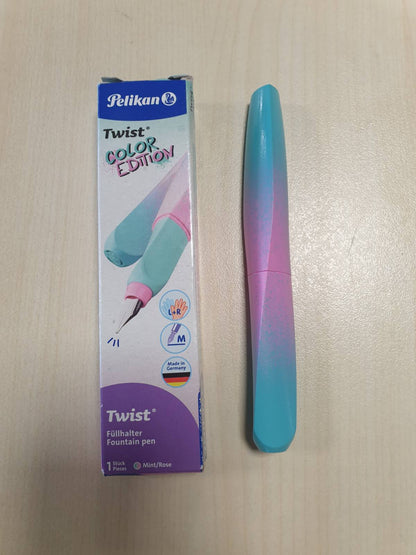 269103 - PELIKAN Stilograf Twist Color Edition, majë çeliku inox me gjerësi vije mesatare, përfshirë fishekun e bojës, ngjyrë mente/rozë