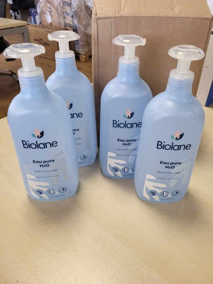 316308 - BIOLANE Pako me 4 shishe uji të pastër H2O, 750ml secila, pastrues për fytyrën, trupin dhe zonën e pelenave të foshnjës, nuk ka nevojë për shpëlarje