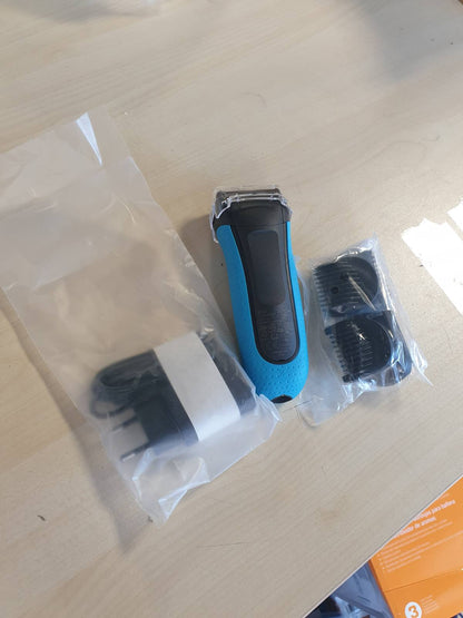 274930 - BRAUN Makinë rroje elektrike për meshkuj Series 3+, 3 tehe fleksibël, e prodhuar në Gjermani, aksesor për shkurtimin e mjekrës, +5 aksesorë krehri, makinë rroje e lagësht dhe e thatë, 3010BT, blu