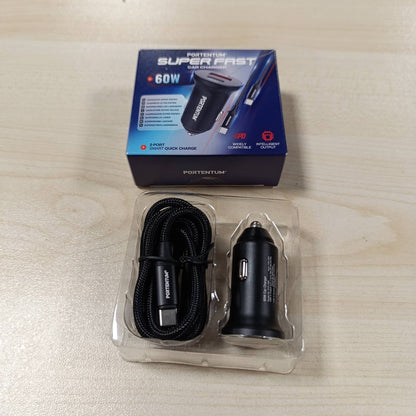 269020 - PORTENTUM Kabllo USB-C për çakmak 60W + 60W, Karikues i dyfishtë për makinë, USB-C PD 30W + USB-A QC 30W, Adaptor USB 12V për iPhone, iPad, tablet Android, smartphone