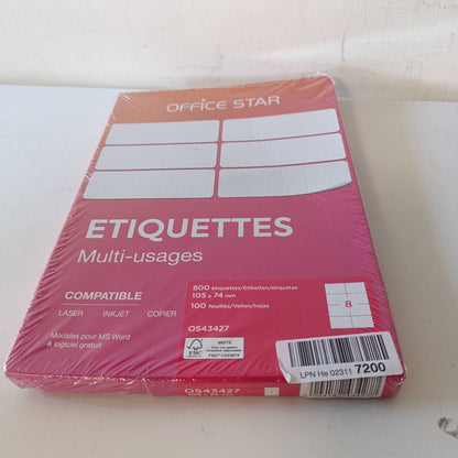 273866 - OFFICE STAR 800 Etiketa Vetëngjitëse të Bardha, Personalizueshme, 105 x 74 mm, Printim me Lazer, Inkjet dhe Fotokopjues.
