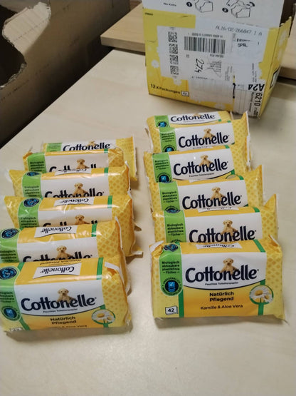 316562 - COTTONELLE Letër higjienike e lagësht, Kamomil dhe Aloe Vera, biodegraduese, pa plastikë, ripërdorshme, pako me 12 x 42 peceta