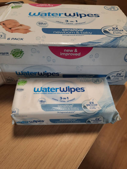 317073 - WATERWIPES Peceta Sensitive+ për të porsalindur dhe bebe, 360 peceta (6 pako), 99.9% ujë, pa aromë