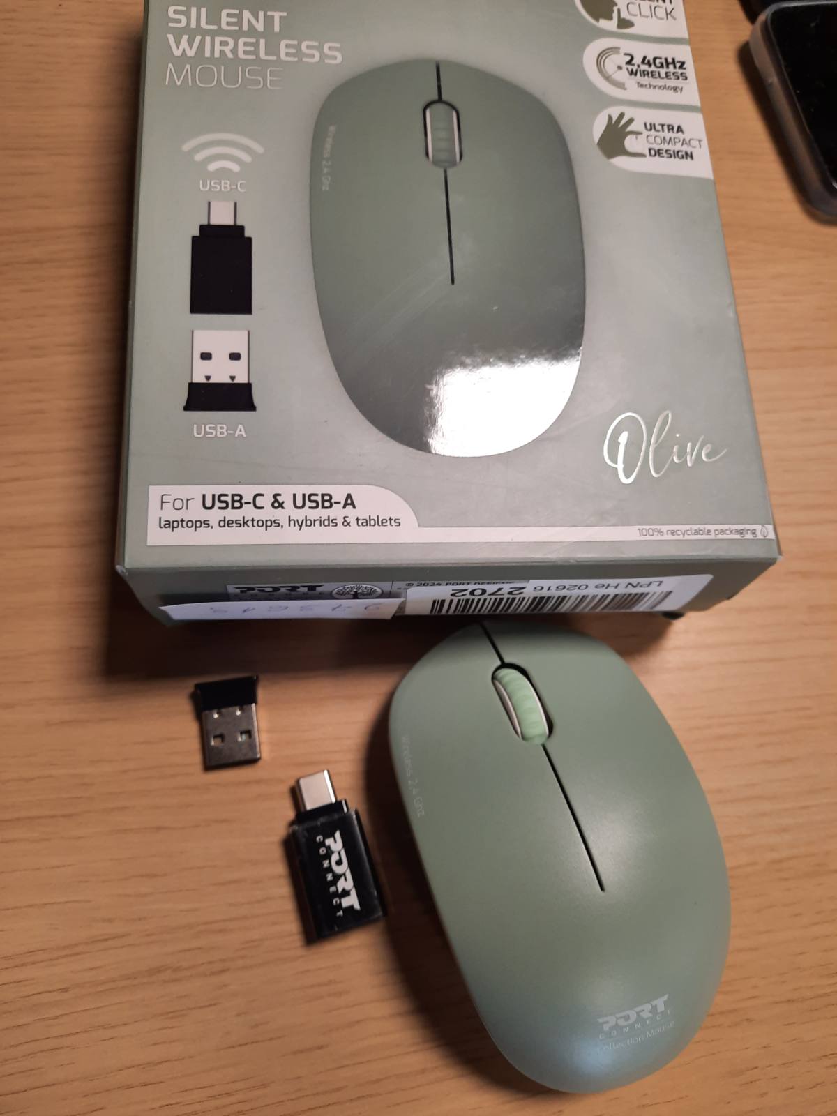 273613 - Port Connect Koleksioni i Mouse-ve për PC Wireless 2.4 GHz, Sensor Optik 1600 dpi, 3 Butona, Kompakt, Ambidextrous, Jeshile Ulliri