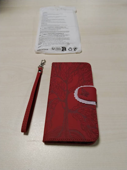 320589 - AISENTH Mbrojtëse për Samsung Galaxy A51 SM-A515F, Mbulesë e Rrotullueshme me Model Fluturash në Stilin e Pemës së Jetës, prej Lëkure Sintetike, Mbrojtëse për Portofolin me Vende për Karta, e Kuqe