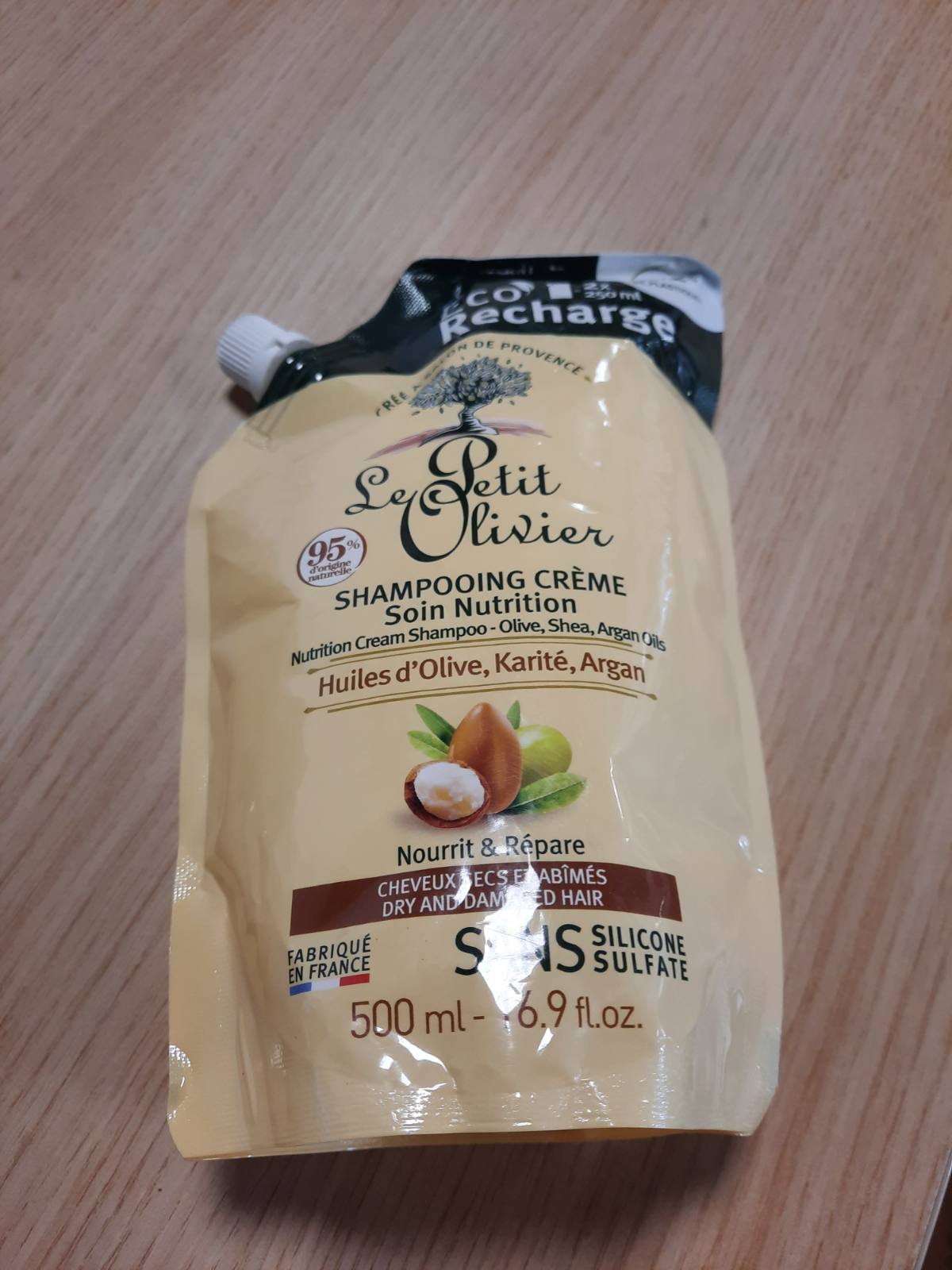 318956 - LE PETIT OLIVIER Eco-Refill Shampo Kremi Ushqyes, 500 ml, Vajra Ulliri, Shea dhe Argani, pa silikon, pa sulfate, prodhuar në Francë