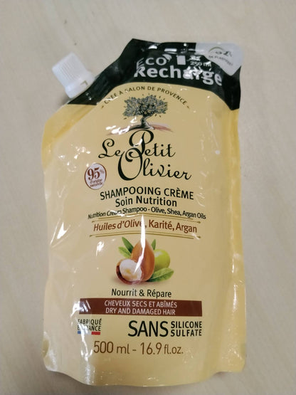 318955 - LE PETIT OLIVIER Eco-Refill Shampo Kremi Ushqyes, 500 ml, Vajra Ulliri, Shea dhe Argani, pa silikon, pa sulfate, prodhuar në Francë