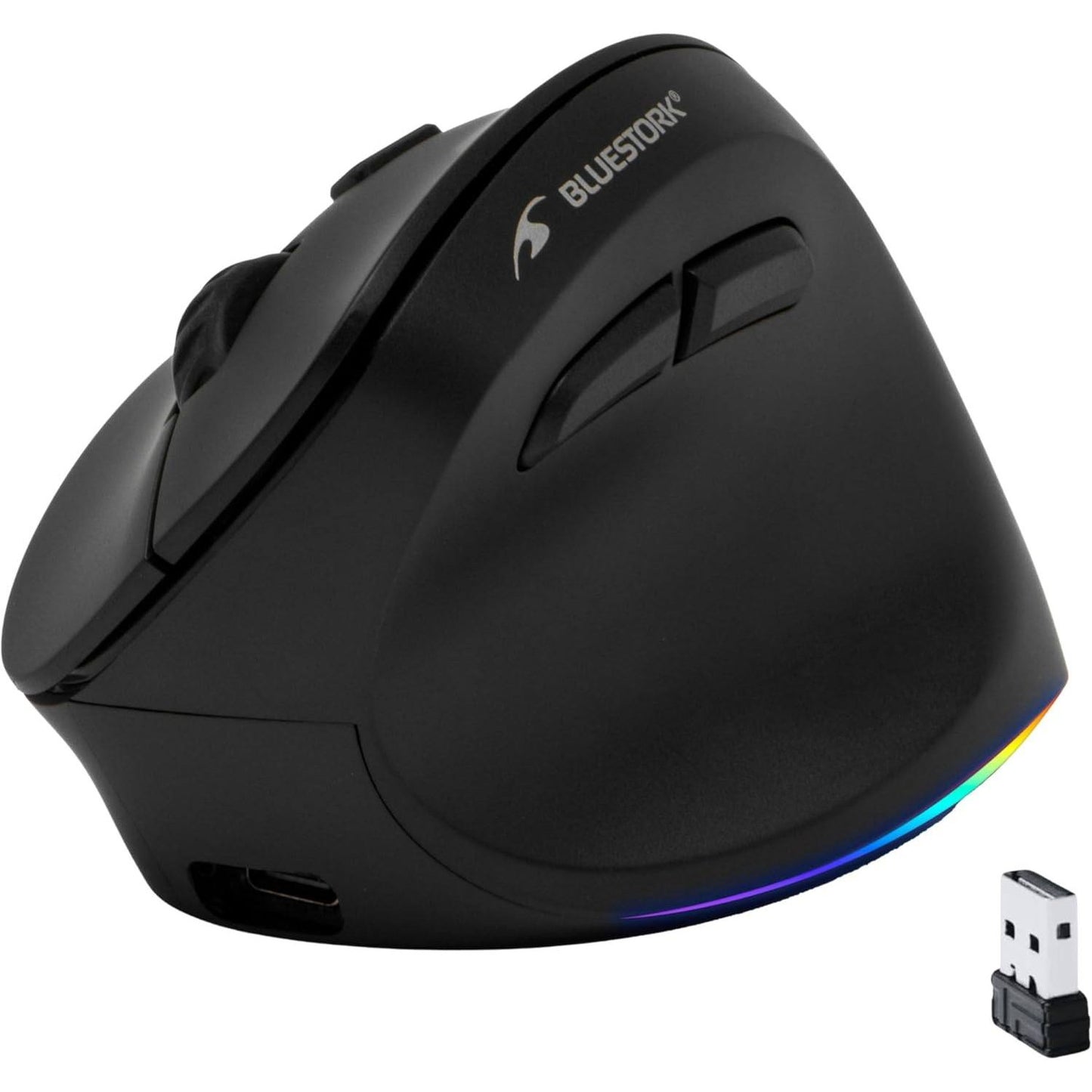 261153 - Bluestork - Maus pa tel ergonomik, lidhje 2.4 Ghz + Bluetooth, 800-2400 DPI, 6 butona, LED RGB - Maus vertikal ergonomik, parandalim dhimbjesh - për dorën e djathtë - PC, Mac, iPad, tablet