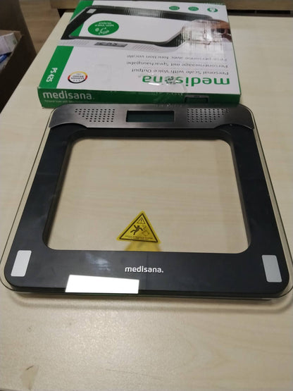 297009 - MEDISANA Peshore banjoje PS 425 me zë, peshore dixhitale prej qelqi, 4 gjuhë, fikje automatike, e zezë/gri, deri në 180 kg