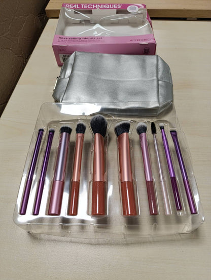 316322 - REAL TECHNIQUES Set Blends, 10 Furça Grimi me Qese Bukurie, për lëng, krem ose pudër, vegan, i lehtë për t’u pastruar