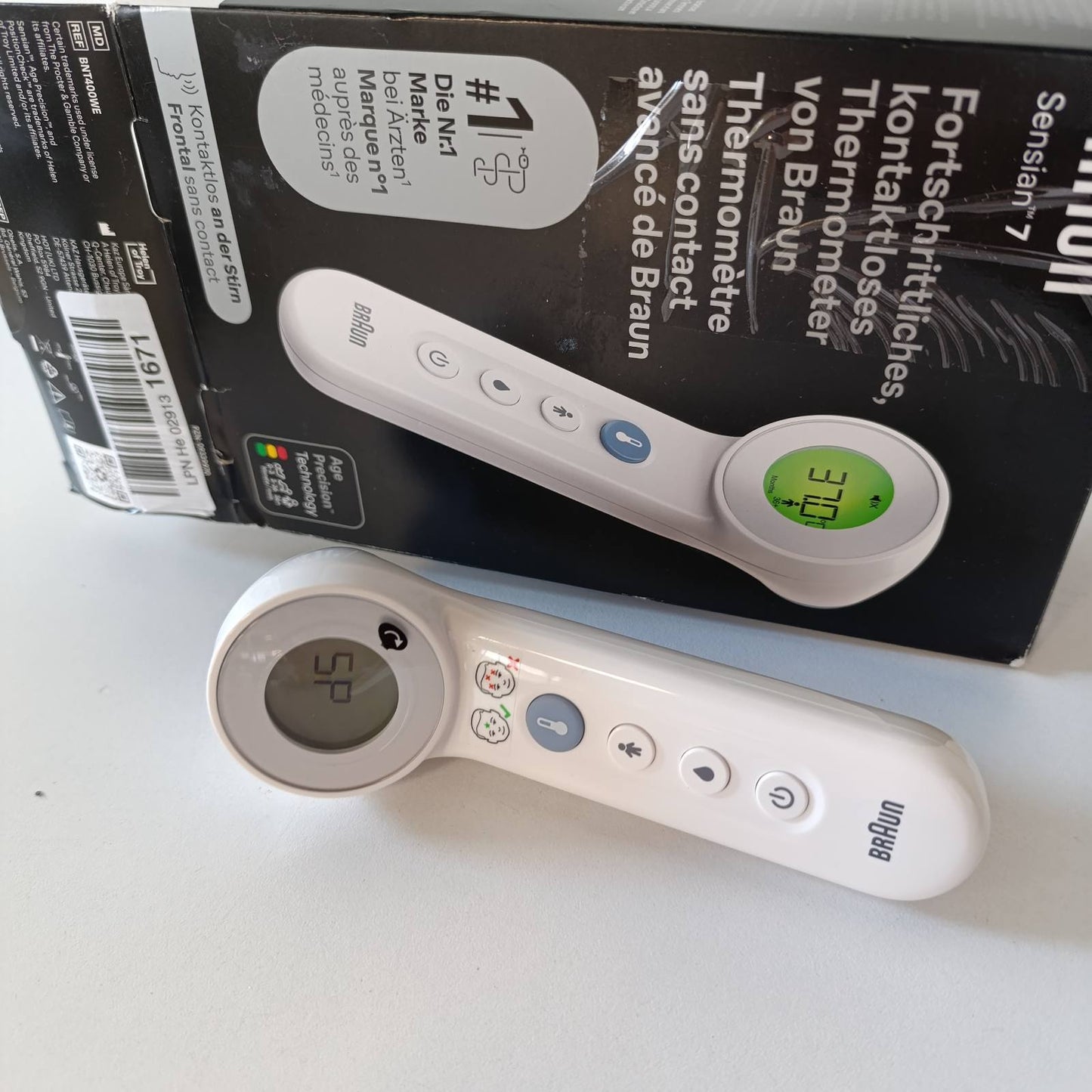 316443 - BRAUN Termometër ballit pa kontakt Sensian 7, Teknologjia Age Precision, 3-në-1, Ekran dixhital me kod ngjyrash, i përshtatshëm për foshnje dhe fëmijë, model BNT400