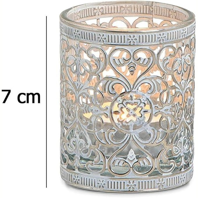 195409 - BELLADÉCORA - Mbajtëse Çaji Prej Qelqi/Metali Argjendi Antike, 12x, Gjerësi 8cm x Thellësi 8cm