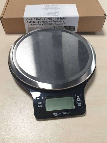 186020 - AMAZON BASICS Peshore Dixhitale Kuzhinë me Ekran LCD, Materiale Çelik Inoks, Pa BPA, Kapacitet Peshe deri në 5kg, E Zezë, Bateri të Përfshira