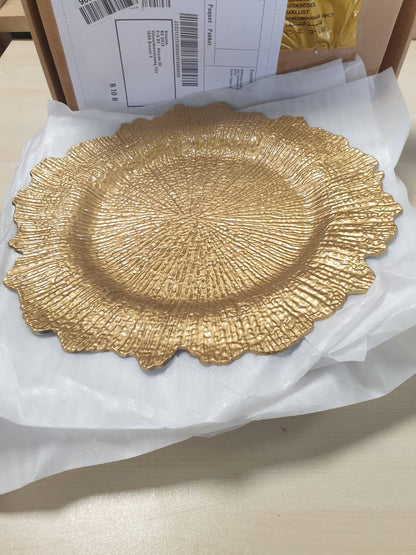162513 - ALINK - Pjata të arta Charger, Reef dhe Darke, 33 cm, prej plastike, sasi 5 copë, të ripërdorshme, për dasma, Krishtlindje dhe festa