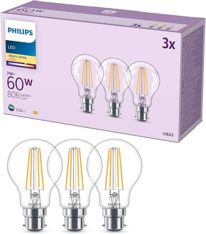 234499 - PHILIPS Llambë LED Classic A60, 60 Vat, Transparente, Bazë E27, Dritë e Bardhë e Ngrohtë 2700 K, Pako me 3 Llamba