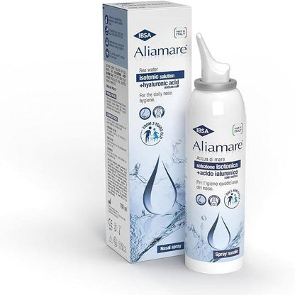 229950 - IBSA Aliamare Spray 100 ml – Sprej nazal me ujë deti izotonik dhe acid hialuronik për higjienën dhe pastrimin e hundës. I përshtatshëm për përdorim të përditshëm te të rriturit dhe fëmijët mbi 3 vjeç.