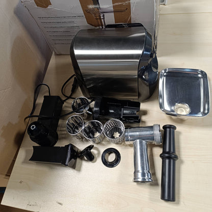 162152 - ZEEGMA - Mullirë Elektrike Mishi Molen Chef, me Fuqi 1900W, 3 Pllaka Bluarjeje prej Çeliku Inox, Kapacitet Bluarjesh 1.8kg/min, për Salçiçe, Kubbe, Grirje, me Funksionin REV, Kit Aksesori, Ngjyra Argjend
