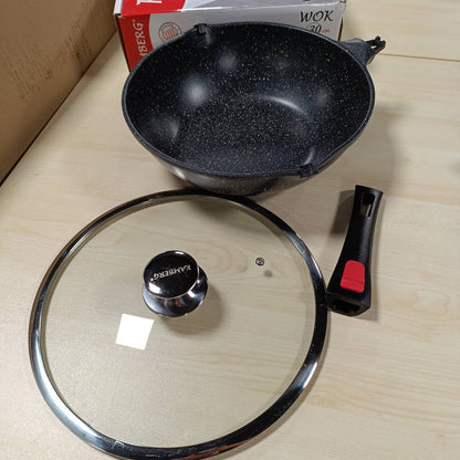 217331 - KAMBERG Wok 30cm, dorezë e lëvizshme, alumin i derdhur, veshje guri, kapak qelqi, i përshtatshëm për të gjitha sobat, pa PFOA, 0008057, i zi
