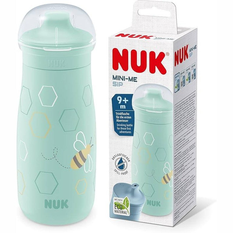 295358 - NUK Mini-Me Sip – Gotë për fëmijë me pipëz, 9+ muaj, 300 ml, shishe uji për fëmijë, me grykë të përforcuar kundër rrjedhjes, rezistente ndaj thyerjes – Mint Bee.