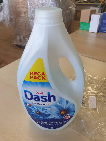 298515 - DASH Detergjent i lëngshëm për larje rrobash 2 në 1, 60 larje, freskues ajri, aromë Lenor, fllad deti dhe lulesh të freskëta, i prodhuar në Francë