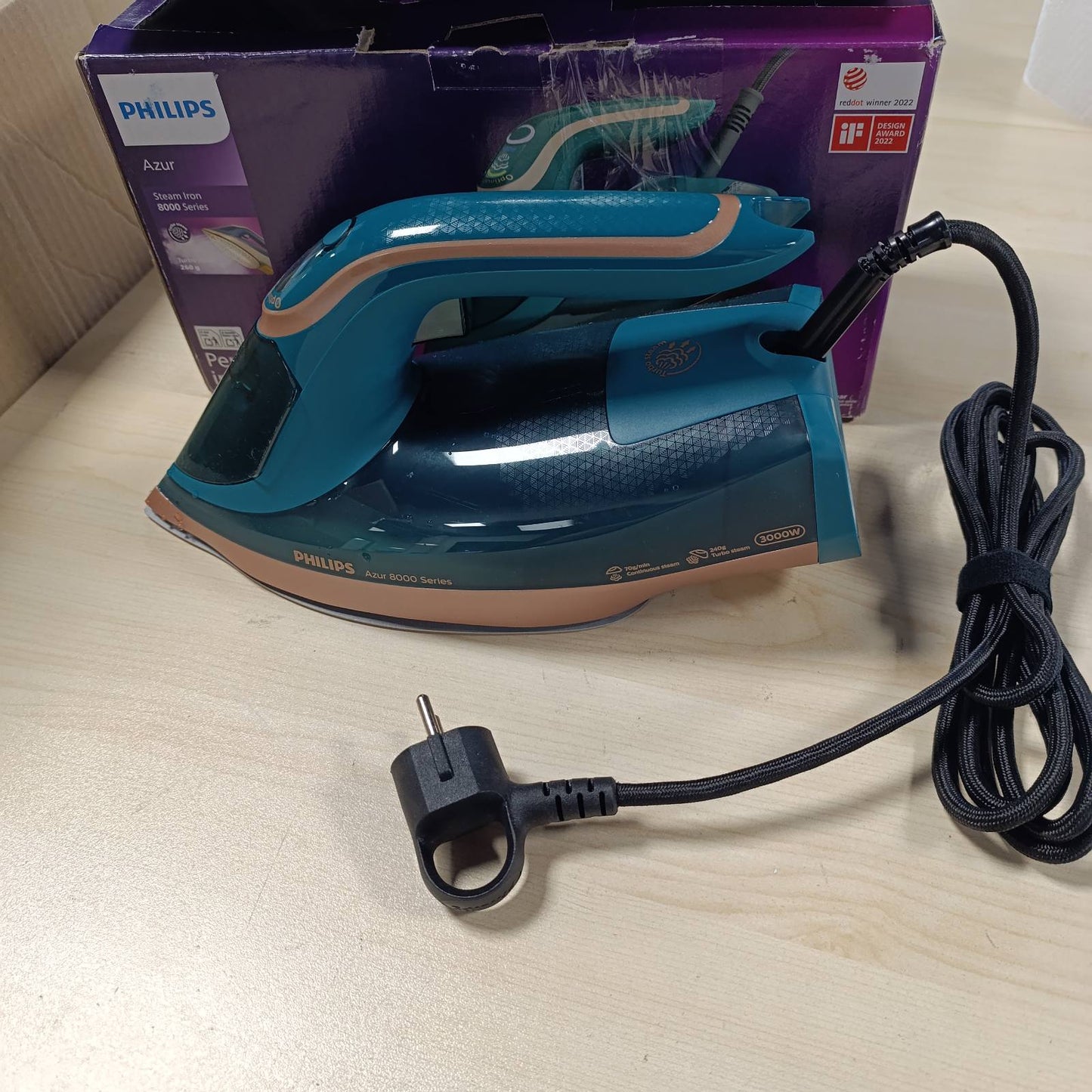 277355 - PHILIPS Hekur me avull Azur Seria 8000, DST8030/70, avull i vazhdueshëm 70 g/min, shpërthim avulli turbo 240 g, fuqi 3000 W, teknologji OptimalTEMP, Opal i Gjelbër