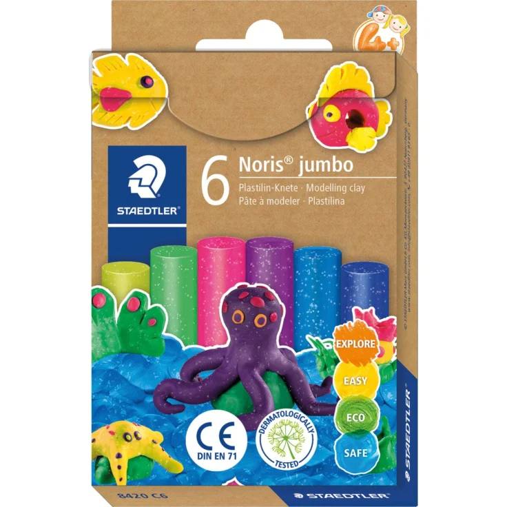 303230 - Noris Jumbo Glitter – Plastelinë modeluese me shkëlqim, 125 mm, 6 ngjyra të ndryshme, në kuti kartoni.
