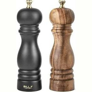 184886 - Bill.F Set mulliri për kripë dhe piper, Set mulliri për piper prej druri me 2 përzierës manualë për kripë dhe piper, i rimbushshëm, 17.8 cm (Ngjyrë e zezë dhe druri)