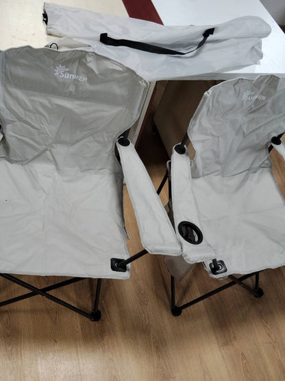 293640 - SUNMER Karrige kampingu të palosshme, Set prej 2, Karrige të lehta për jashtë, mbështetëse krahësh, mbajtëse gotash, kapacitet 120 kg, Gri