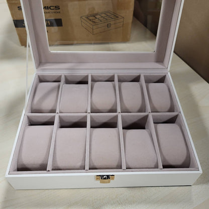 294142 - SONGMICS Kuti ore me 10 vende, Kuti bizhuterish, Kapak qelqi, Jastëkë të lëvizshëm, Kyç metalik, Pjesa e jashtme ngjyrë e bardhë reje dhe Rreshtim bezhë kapuçino JWB010W01