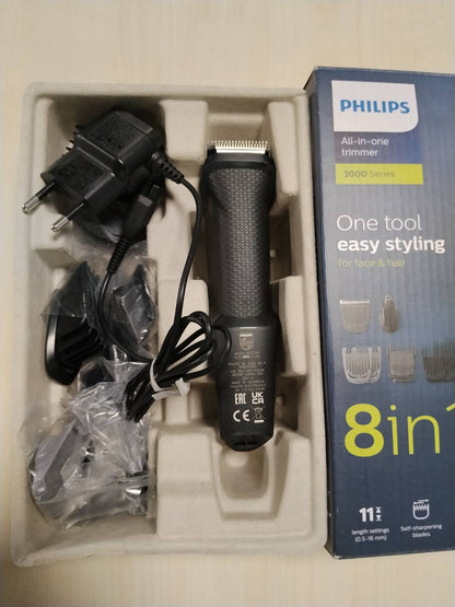 293008 - PHILIPS Makinë prerëse shumë-stili Series 3000 8-në-1, një mjet, stilim i lehtë për fytyrën dhe flokët, 11 gjatësi prerjeje (0.5 deri në 16 mm), modeli MG3730/15
