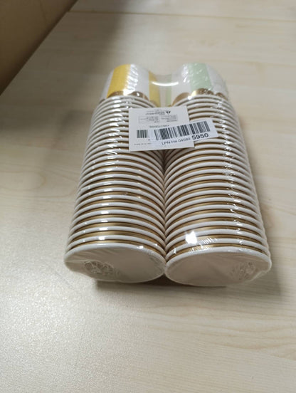 185681 - CONFETTIVILLE Gota Akulloreje Prej Letre, Seti i 50 Copëve, Kapacitet 325ml, e Përshtatshme për Ushqime të Nxehta ose të Ftohta, 5 Ngjyra, Vija Pastel me Fletë Ari të Valëzuara, Furnizime për Festa