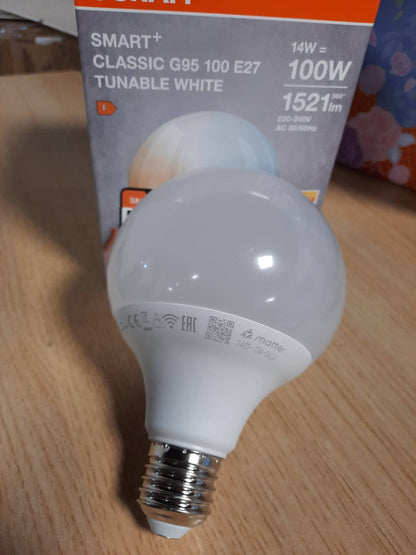 197382 - OSRAM SMART+ - Llampë LED Globe 95 E27, e akordueshme, me errësim, e pajtueshme me Matter, WiFi, aplikacion dhe kontroll zanor, ngjyrë e bardhë, 14W, 2700-6500K