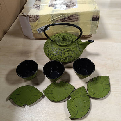183181 - LACHINEUSE - Set Çaji prej Bambuku dhe Gize, Përbëhet prej 1 Çajniku dhe 4 Goteve me Filtër Infuzioni, Kapacitet 0.8L, Dekorim Aziatik Japonez, Ngjyra Jeshile