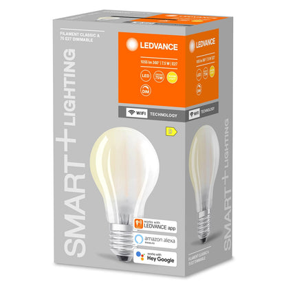 229864 -LEDVANCE - Llampa LED Inteligjente me teknologji WiFi, E27, e bardhë e ngrohtë (2700K), zëvendëson llambat inkandeshente 60W, e kontrollueshme me Alexa, Google Assistant dhe Samsung SmartThings, SMART+, pako prej 1